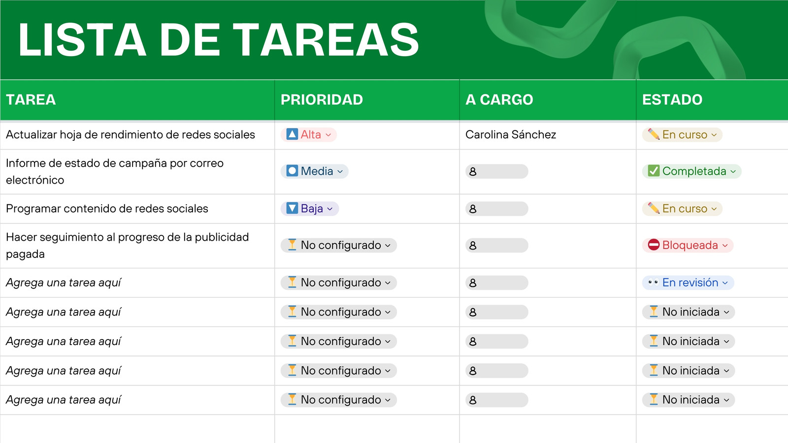 Hoja de cálculo de lista de tareas estilo profesional en verde