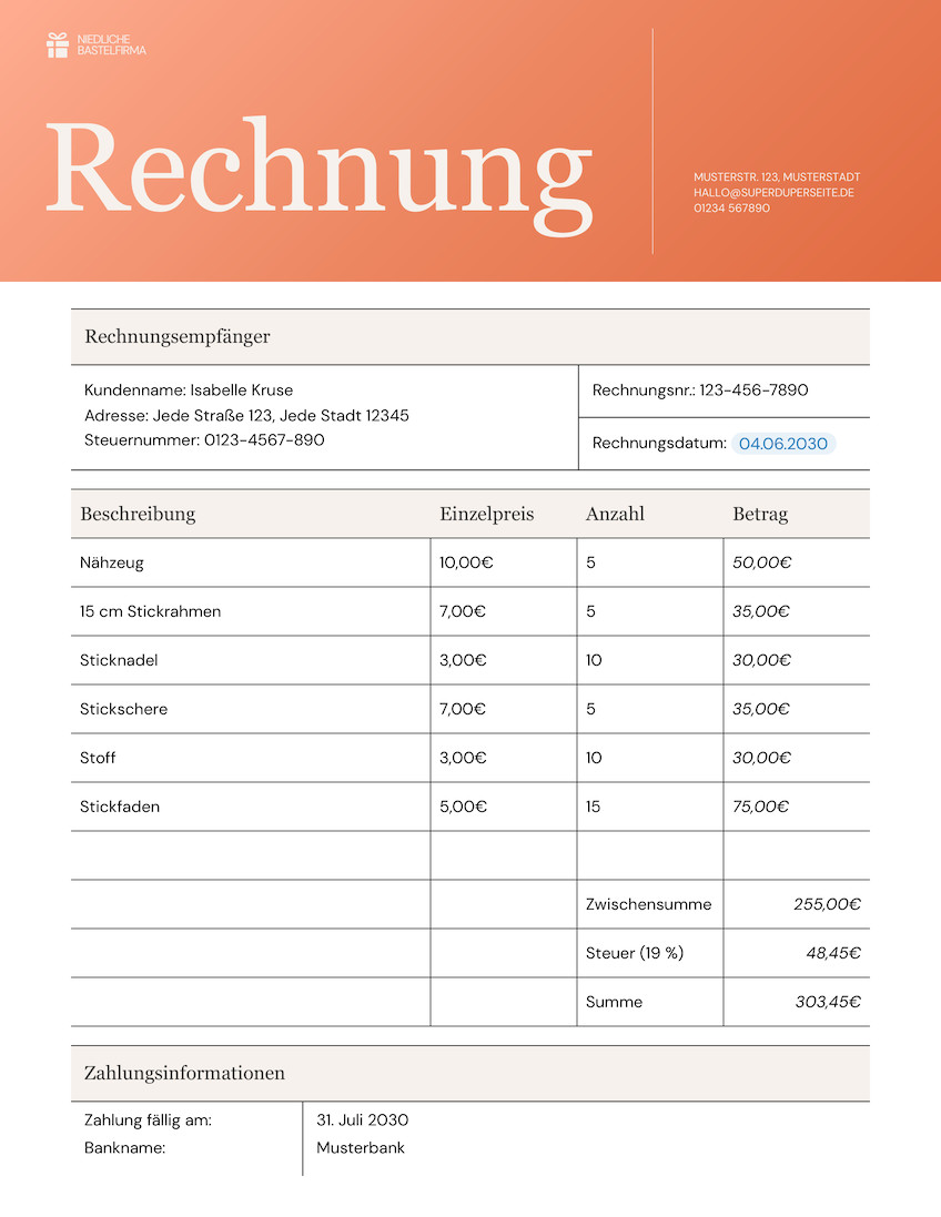 Orange Weiß Geordnet Tabelle Rechnungsdatum Rechnung