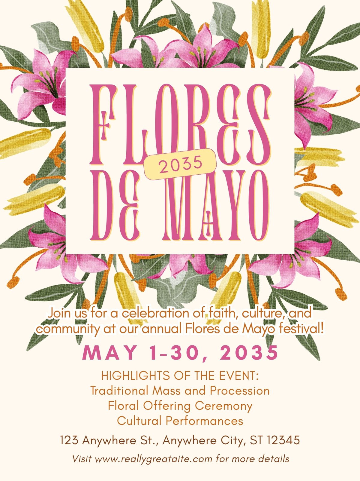 Pink and Yellow Flower Illustrative Flores De Mayo Poster