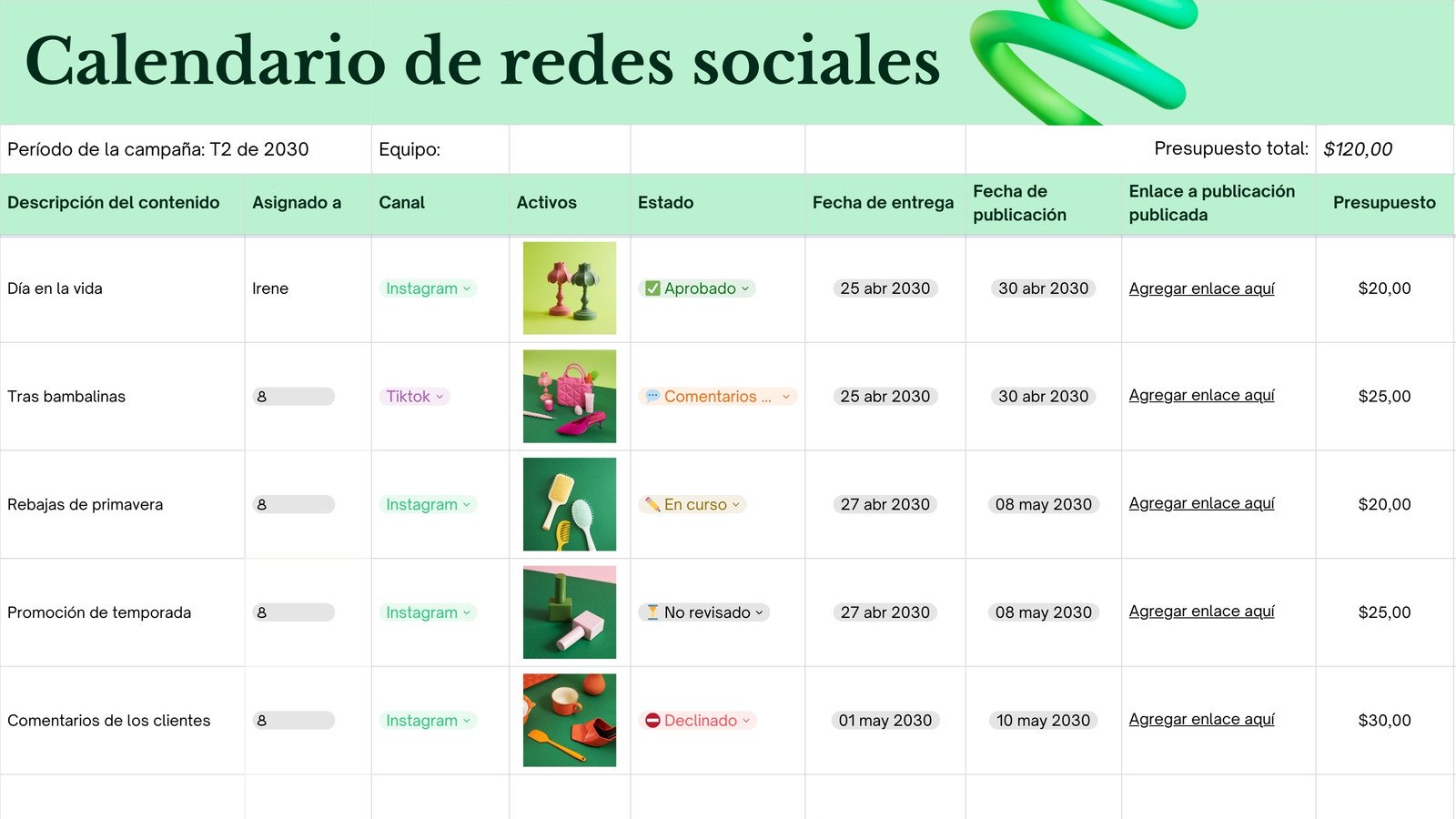 Hoja de cálculo Calendario de redes sociales