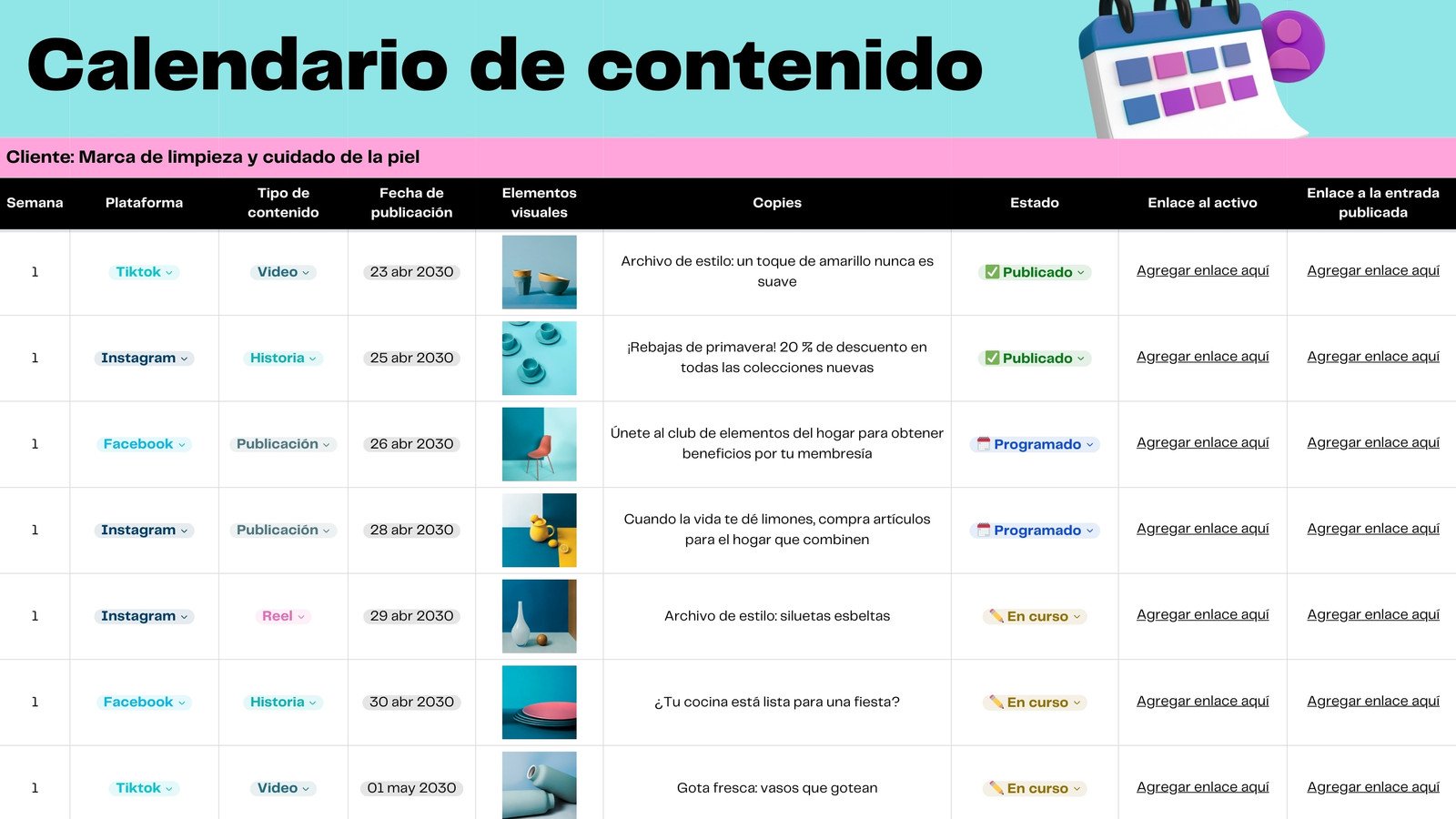 Hoja de cálculo de calendario de contenido estilo profesional moderno en turquesa negro y rosado