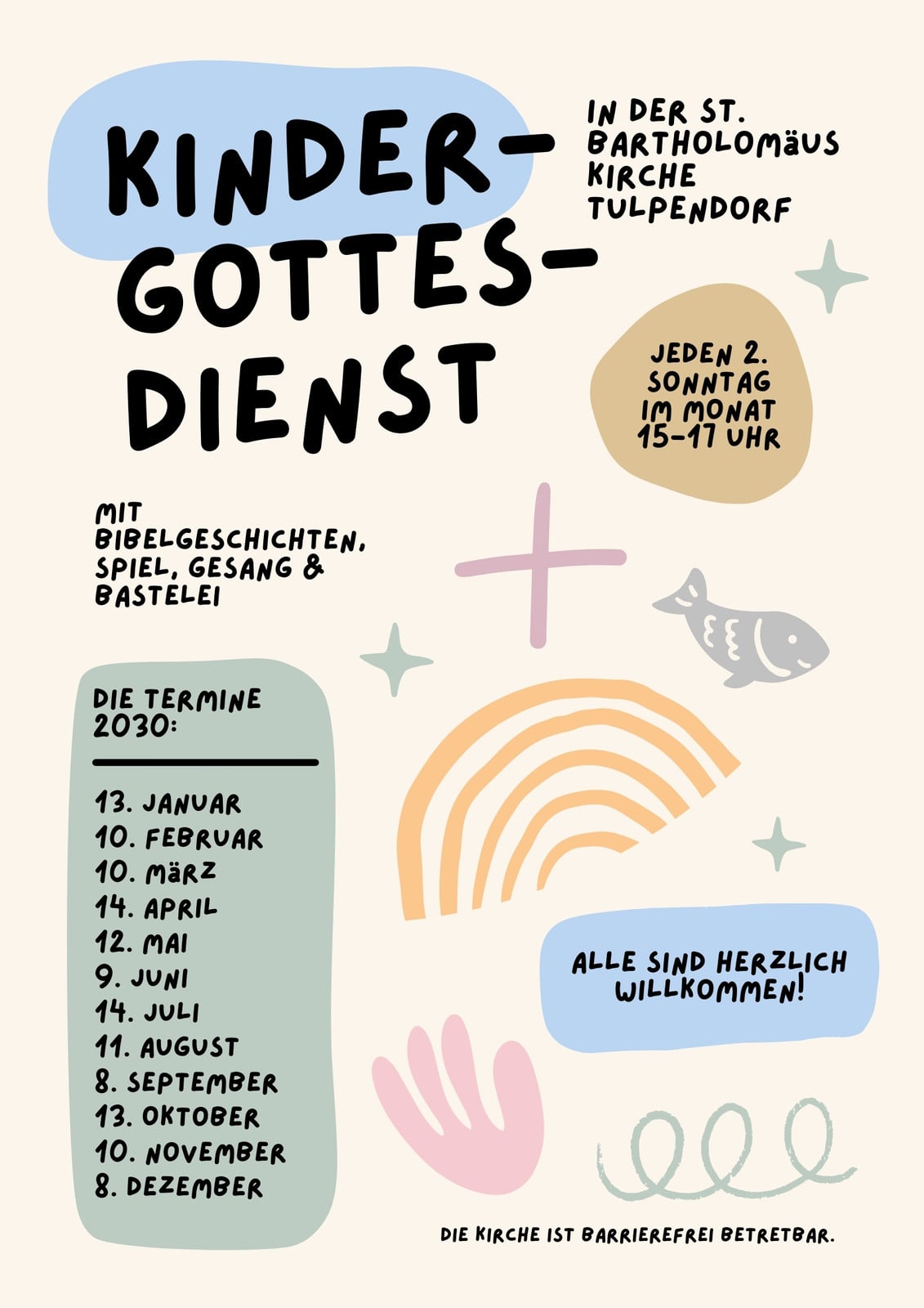 Kirchenflyer für Kindergottesdienst in illustriertem Stil in Beige Blau Grün Kirchenflyer für Kindergottesdienst in illustriertem Stil in Beige Blau Grün