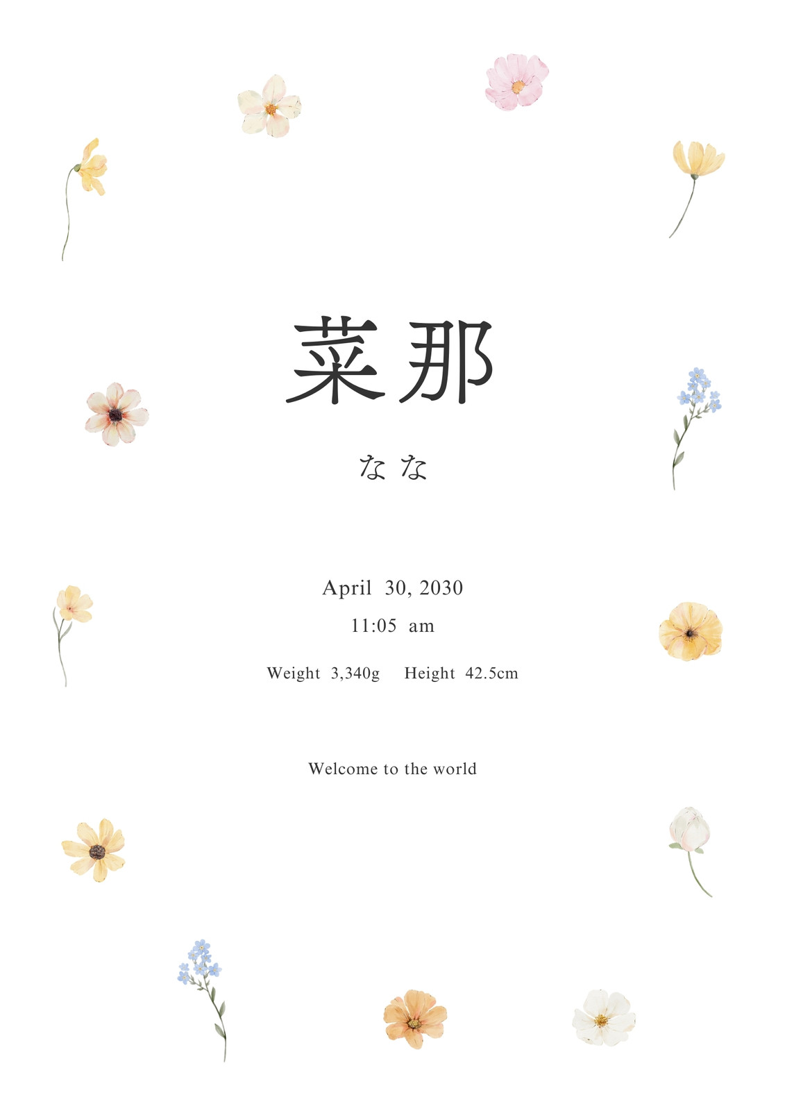 白 ナチュラル 花 シンプル 赤ちゃん 命名書 A4 文書