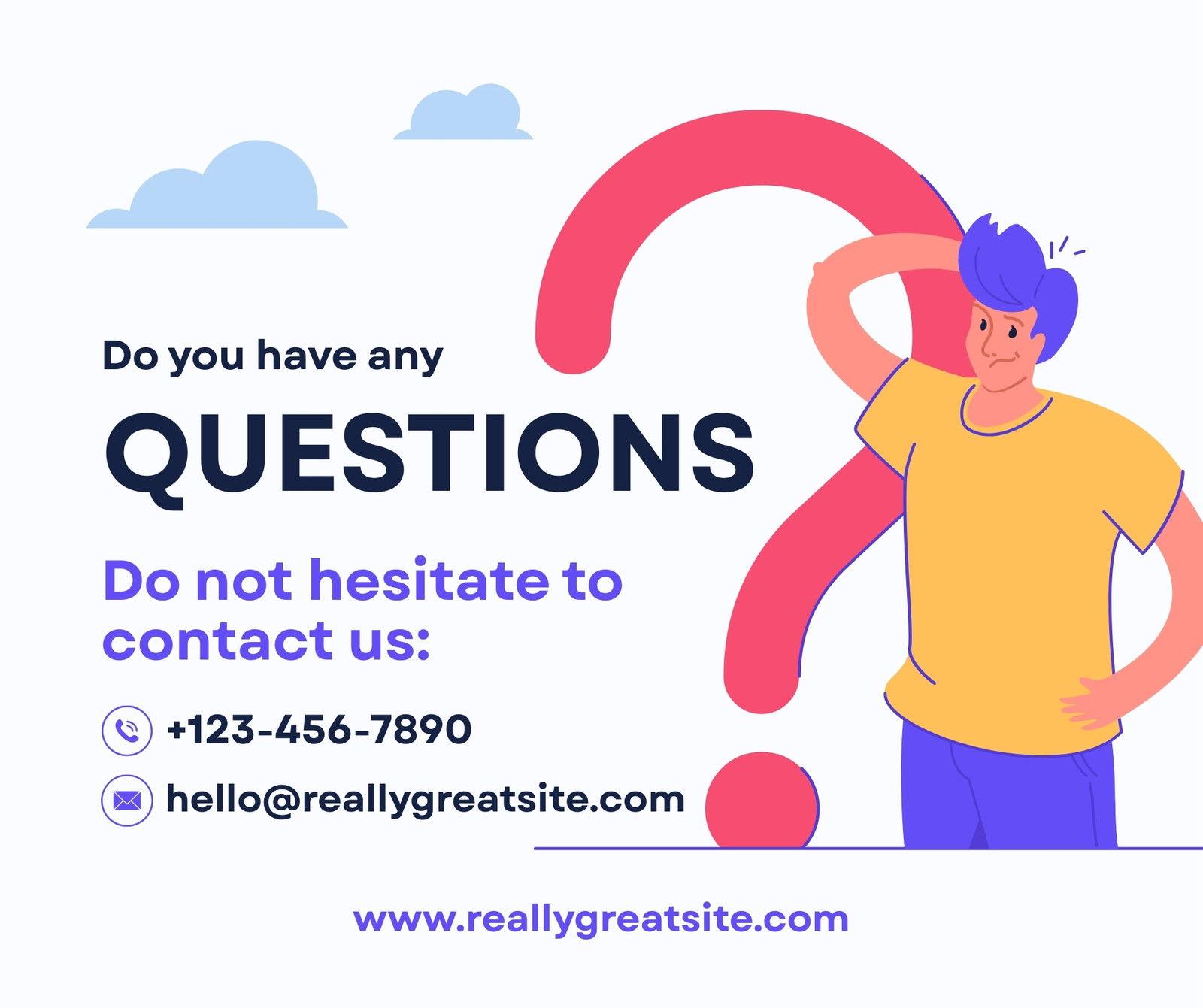 White Red and Purple Illustrated Contact Information Facebook Post