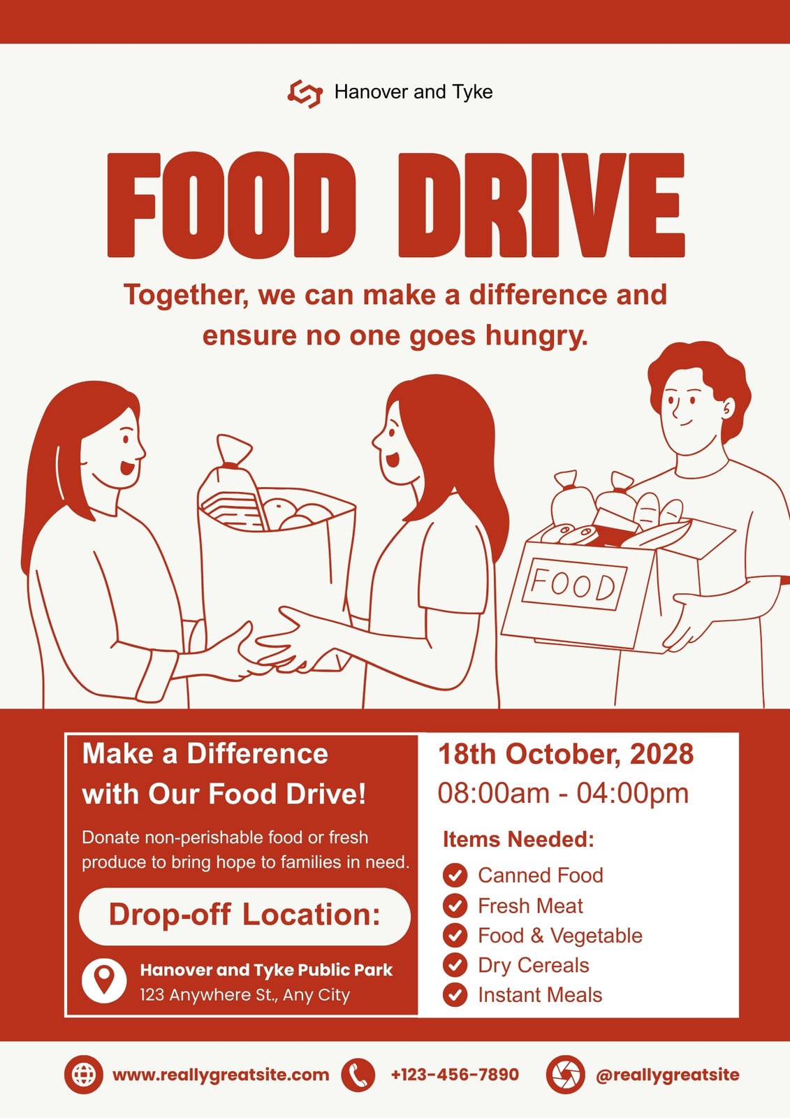 Red and White Illustrated Food Drive Poster