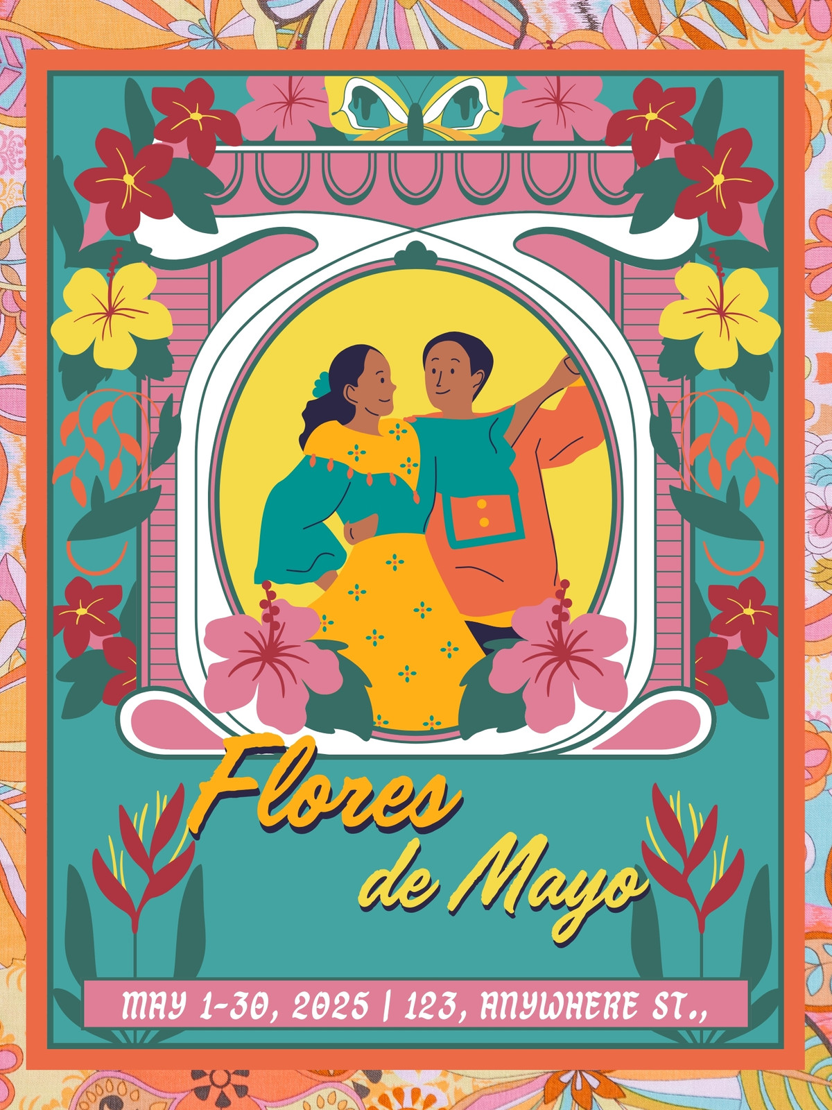 Teal and Yellow Illustrated Flores de Mayo Poster