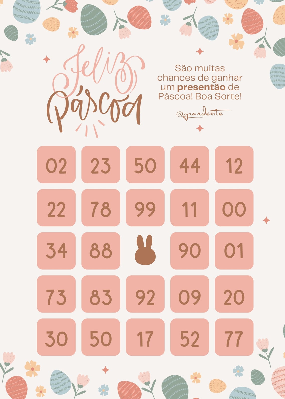 Cartela de bingo - Páscoa - Lettering, ovos, delicada, rosa e marrom