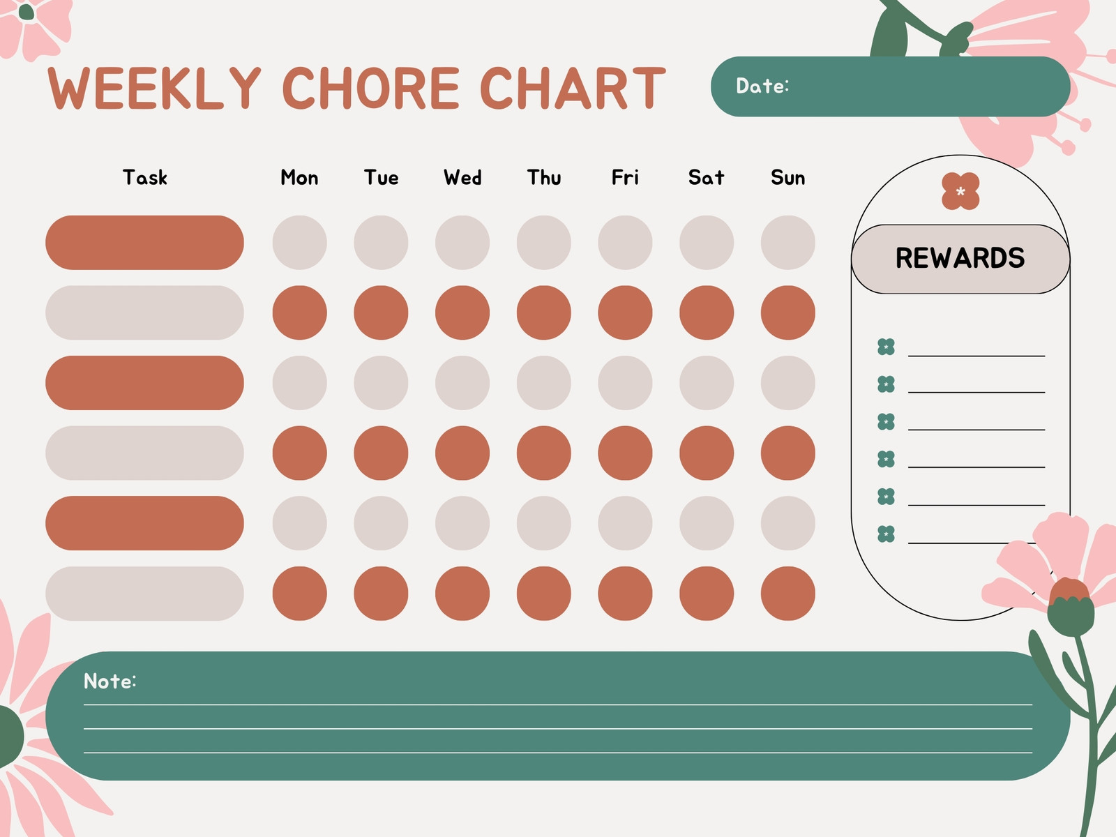 Brown and Green Minimalist Floral Weekly Chore Chart Graph