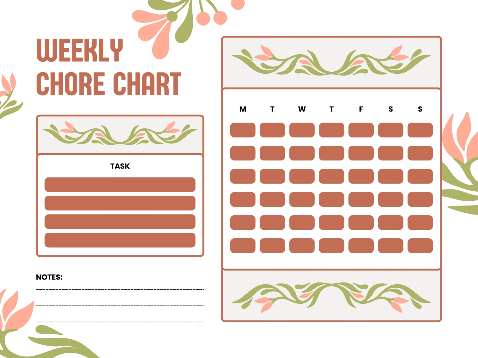 Pink and Brown Minimalist Floral Weekly Chore Chart Graph