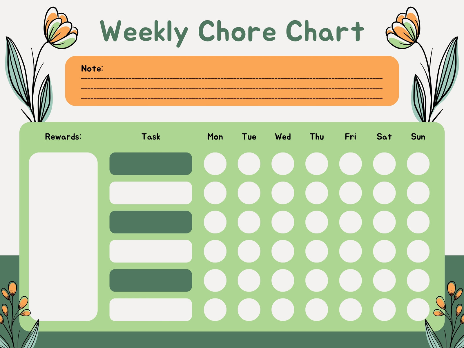 Orange and Green Minimalist Floral Weekly Chore Chart Graph