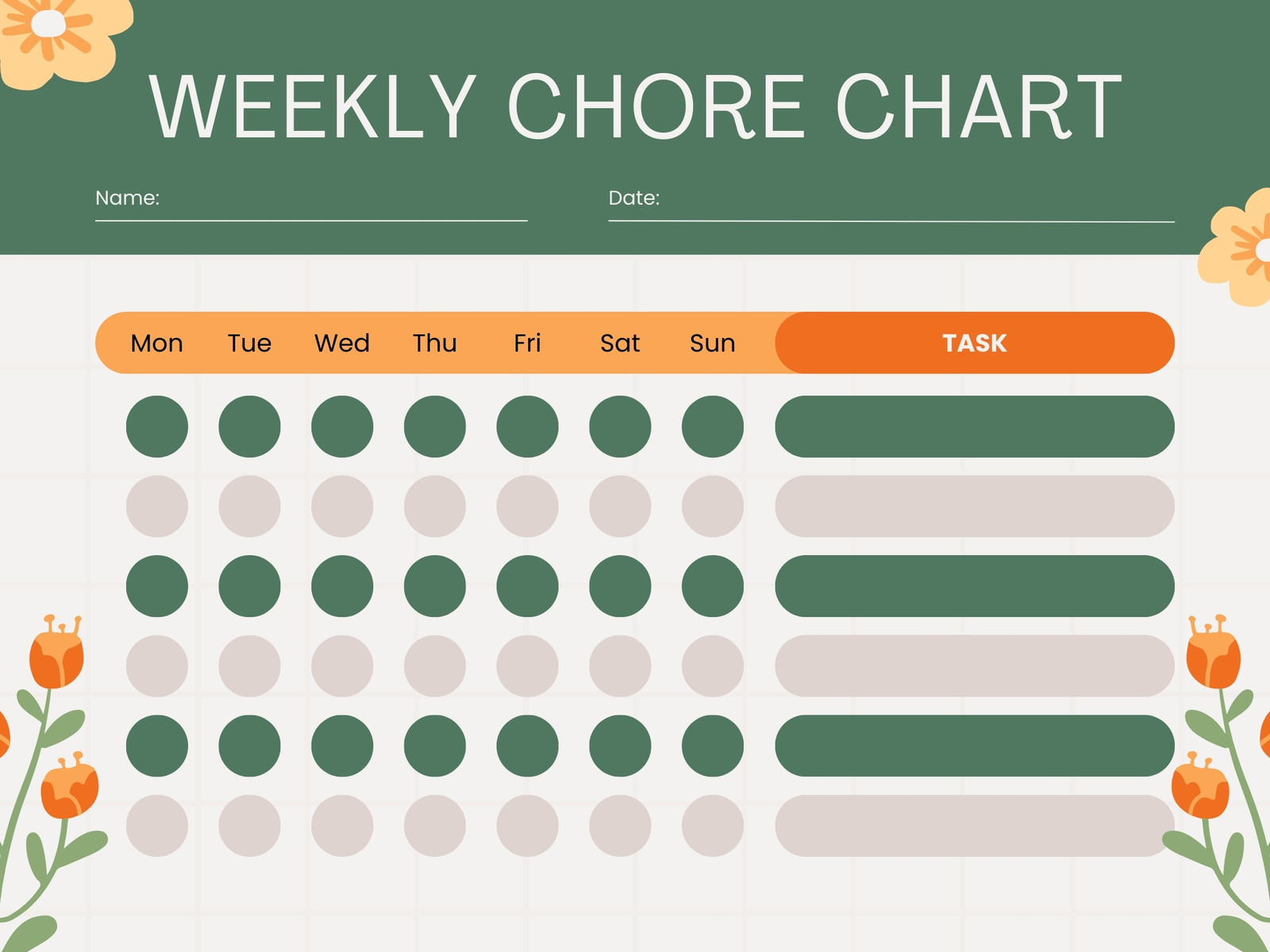 Green and Orange Colorful Floral Weekly Chore Chart Graph