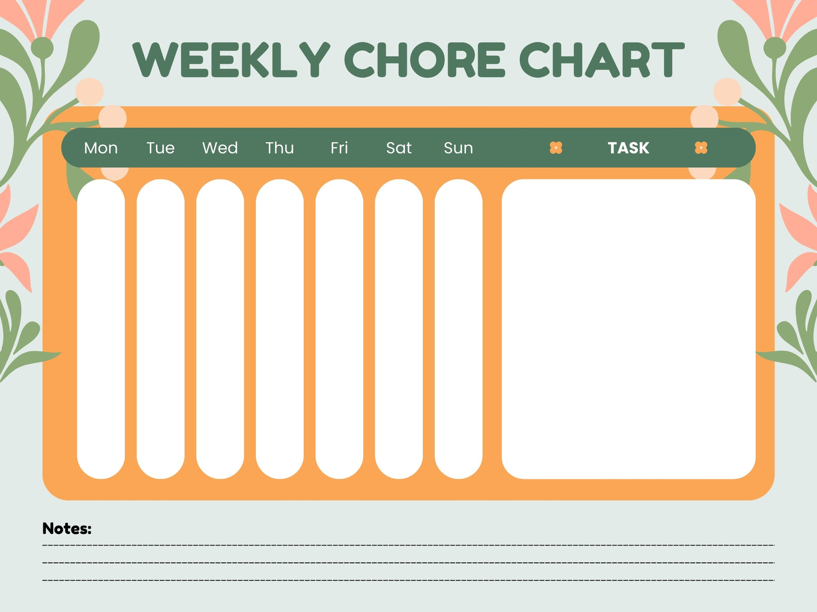 Orange and Green Minimalist Floral Weekly Chore Chart Graph