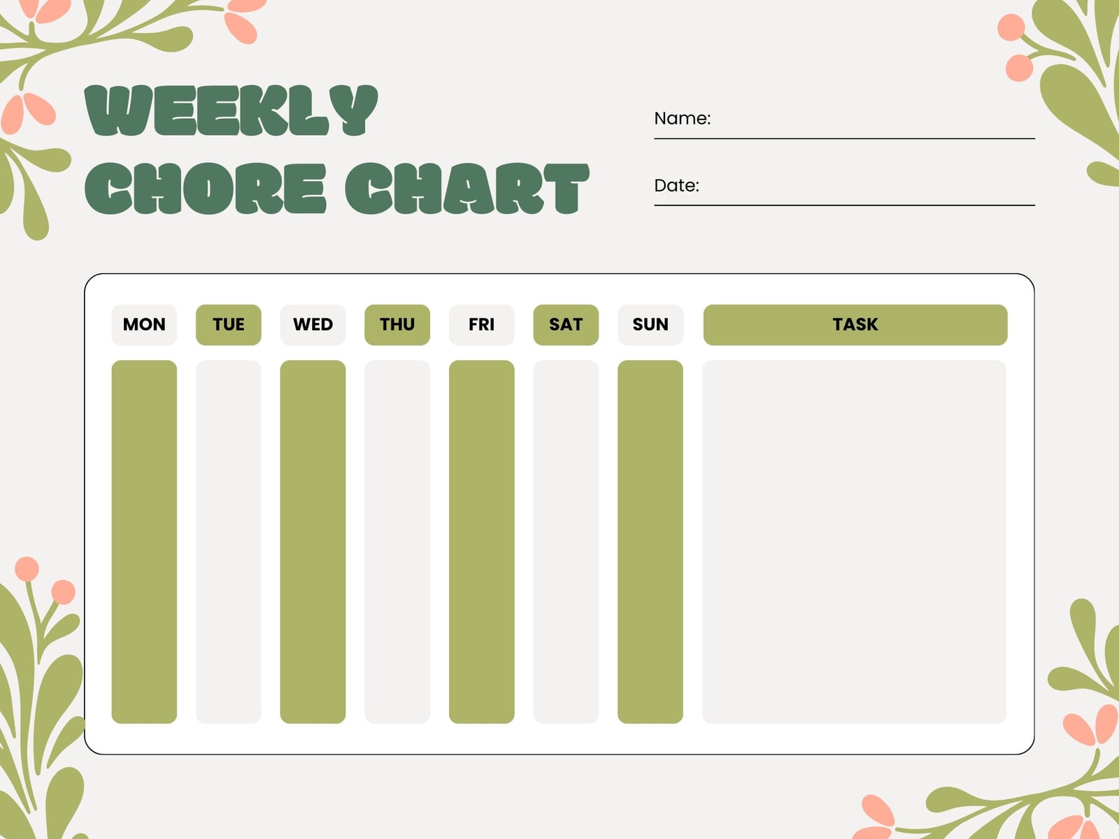 Green and Pink Minimalist Floral Weekly Chore Chart Graph