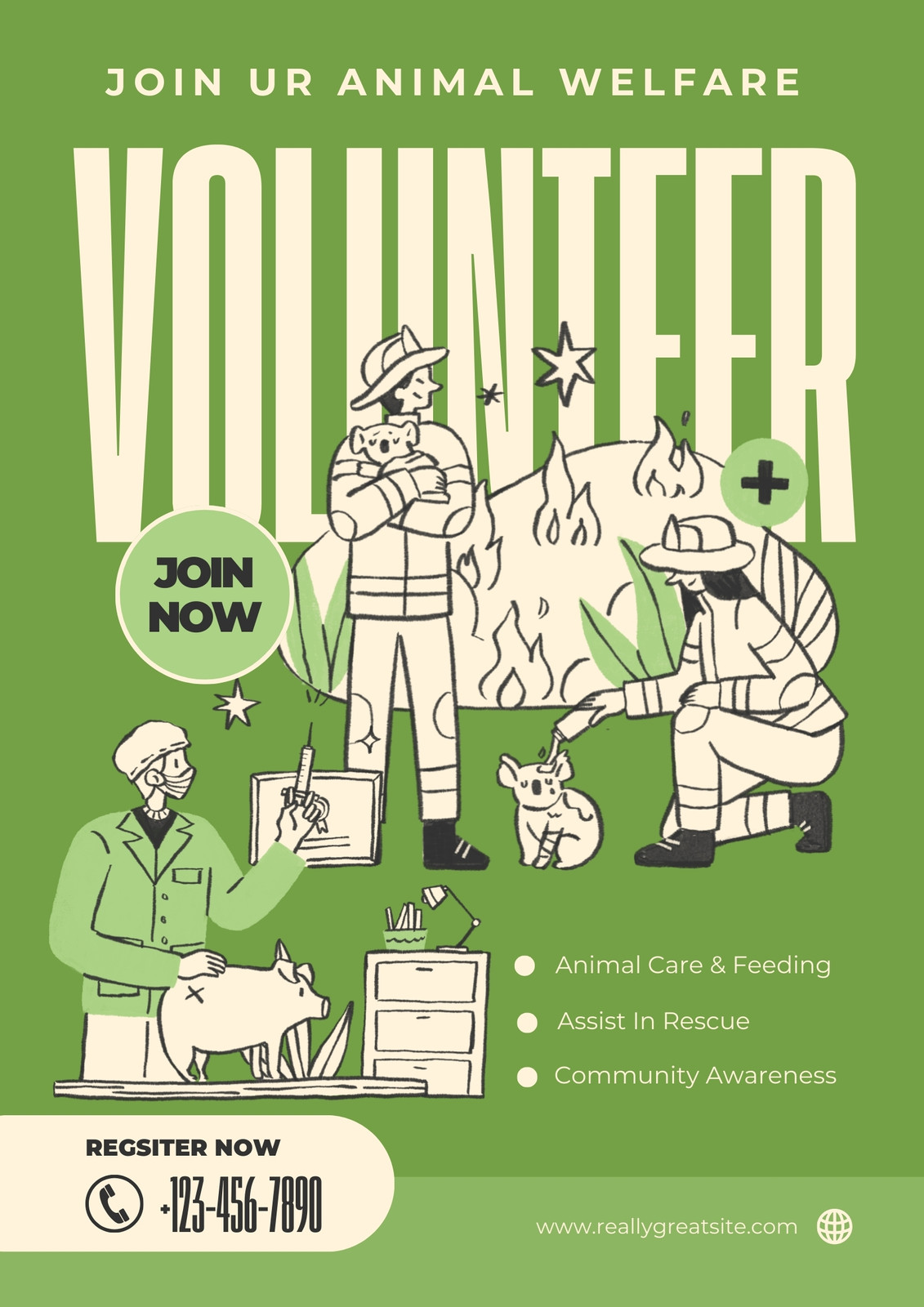 Green Beige Illustrative Animal Volunteer Recruitment Flyer