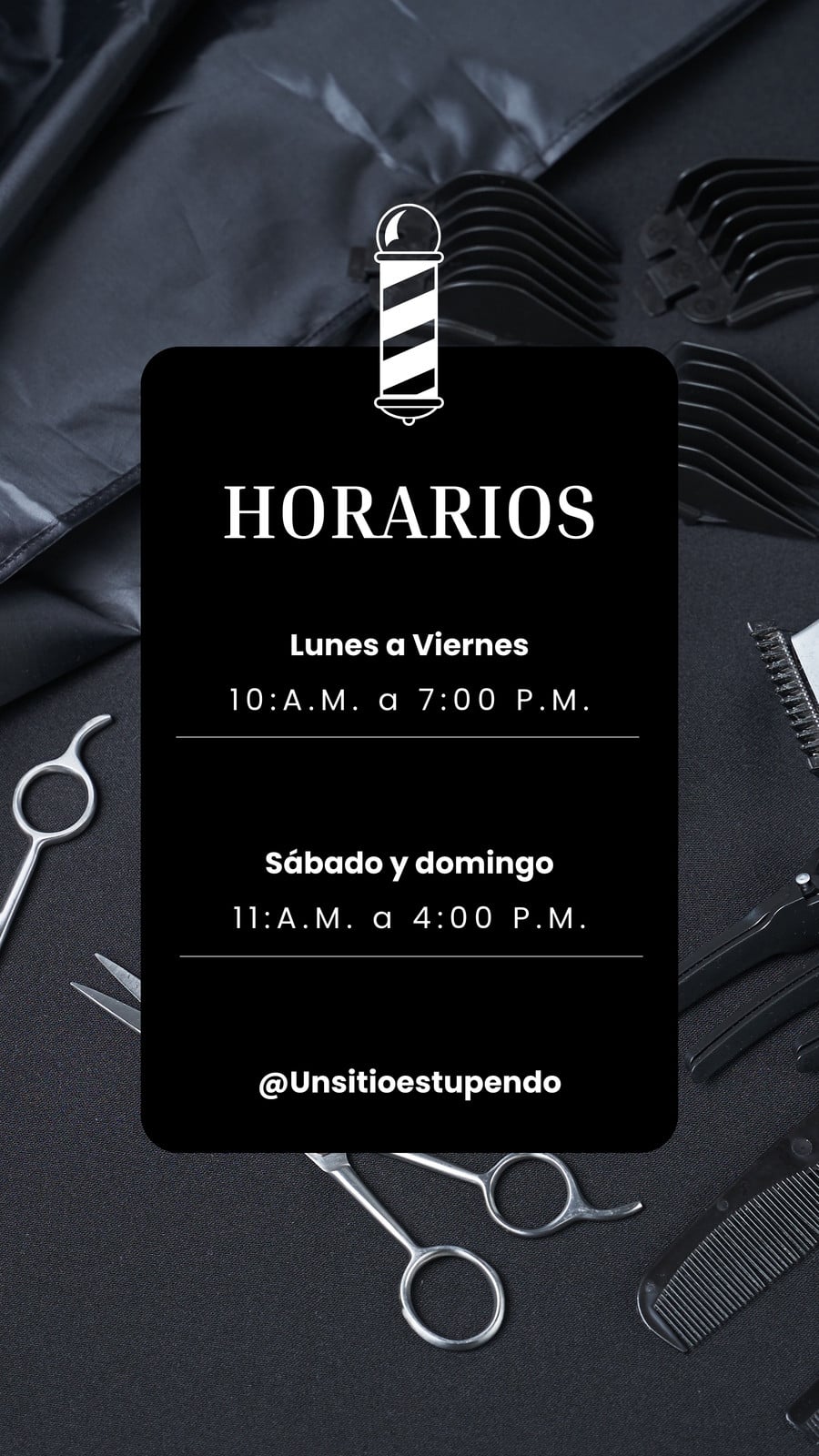 Tu historia horario de servicio barberia moderno negro y gris