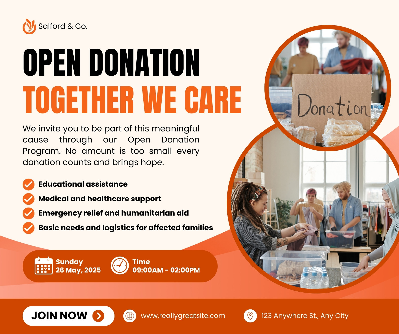 Orange and White Modern Open Donation Facebook Post