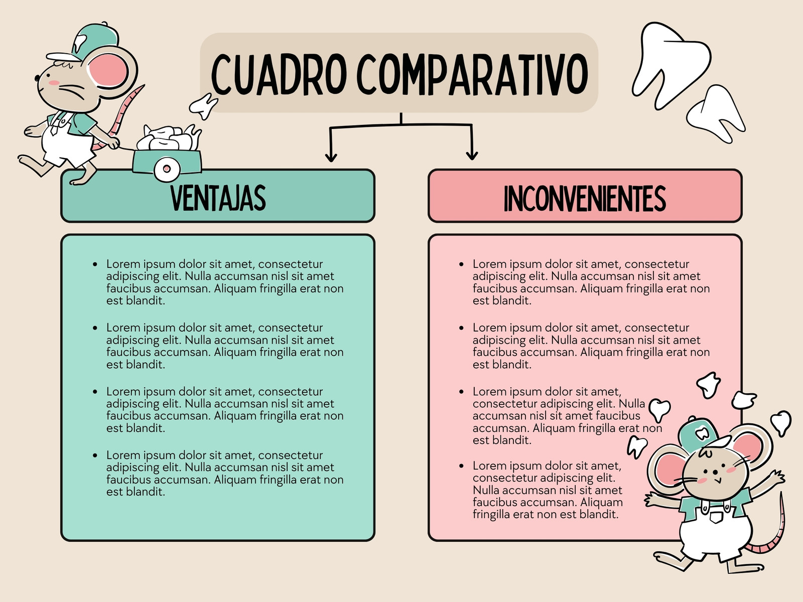 Gráfica Cuadro Comparativo Ventajas Inconvenientes Dientes Ilustrado Marrón Verde Rosa