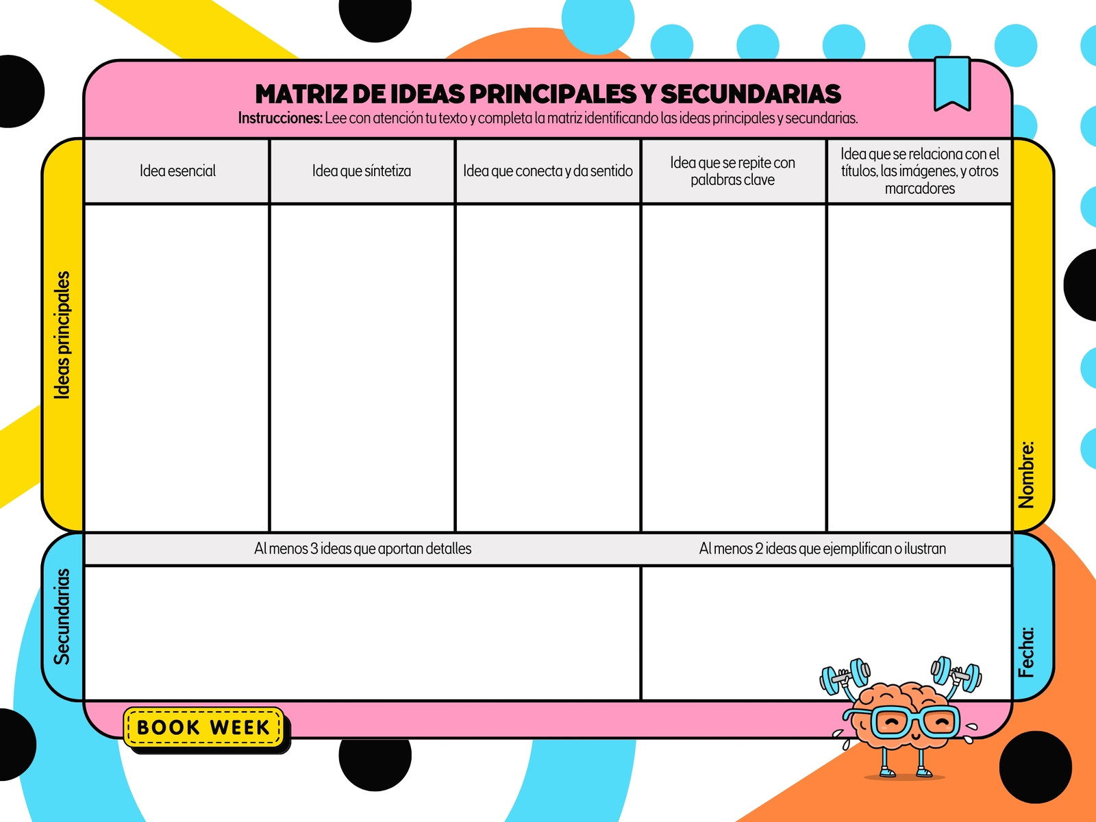 Gráfica Formato o matriz de ideas principales y secundarias para análisis de textos Lenguajes y español Blanco