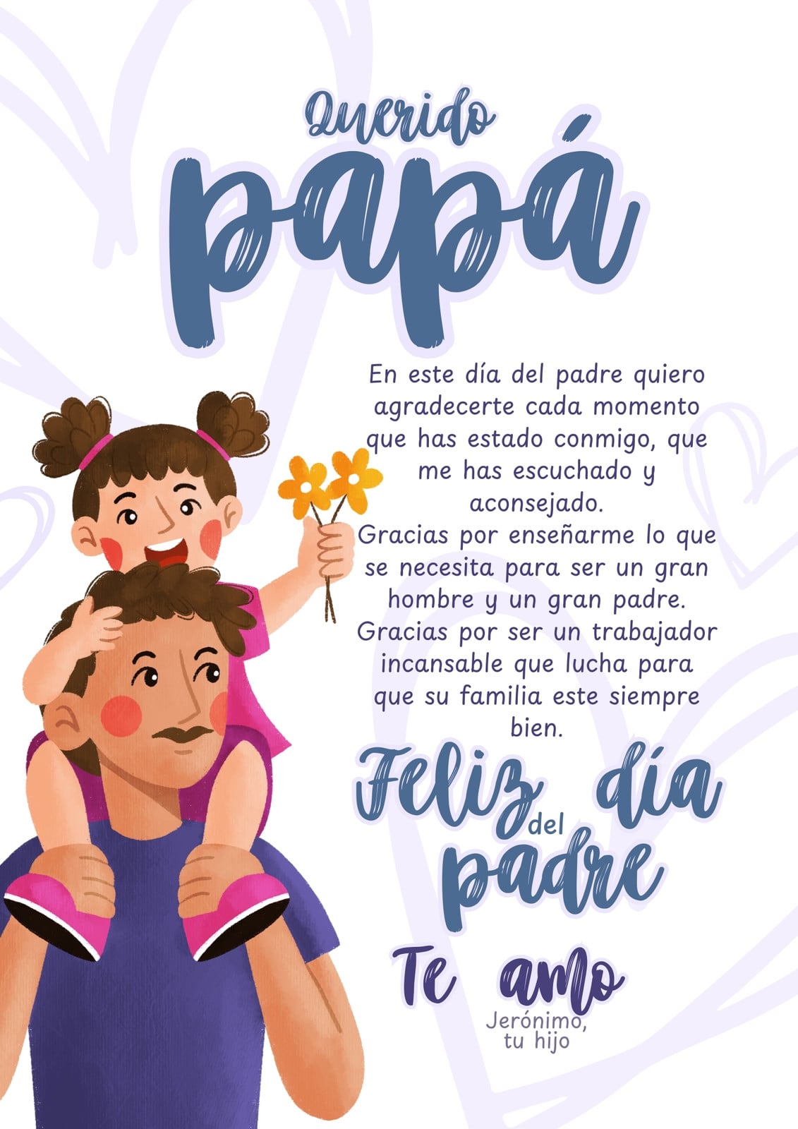 Carta feliz dia del padre ilustrado lila y azul