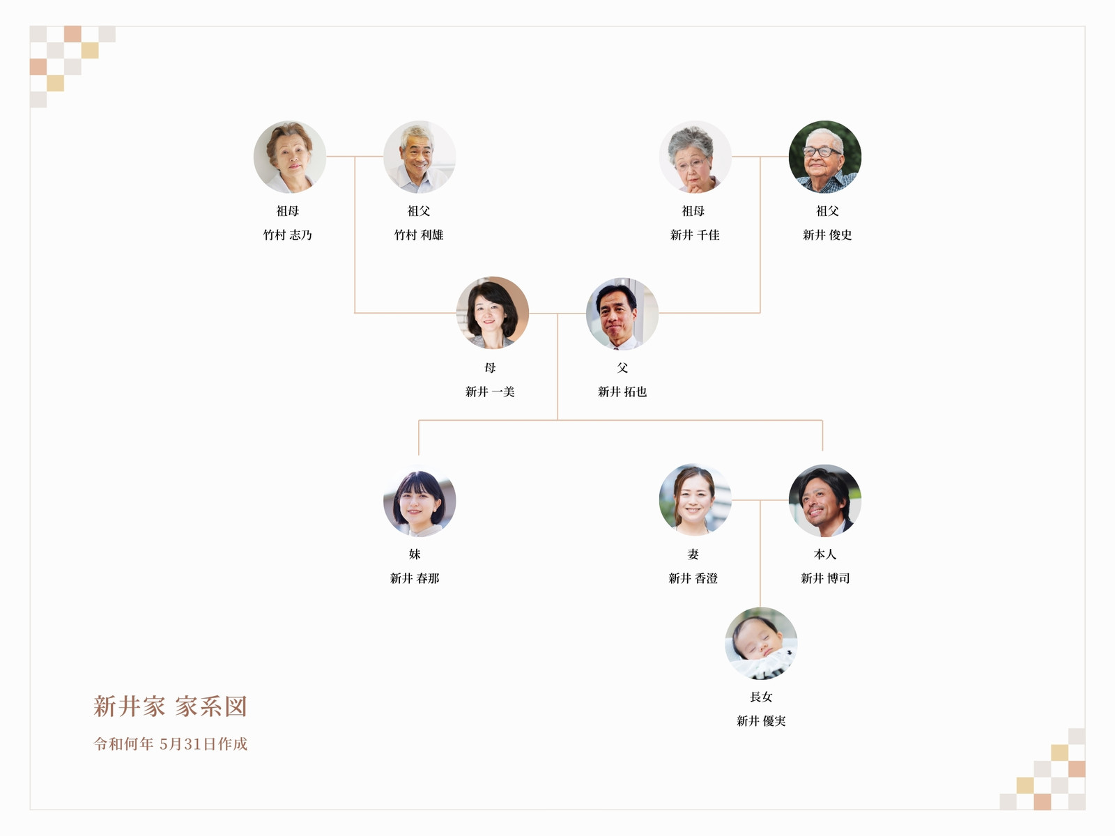 白と茶色 家系図 シンプル 表 A4 横
