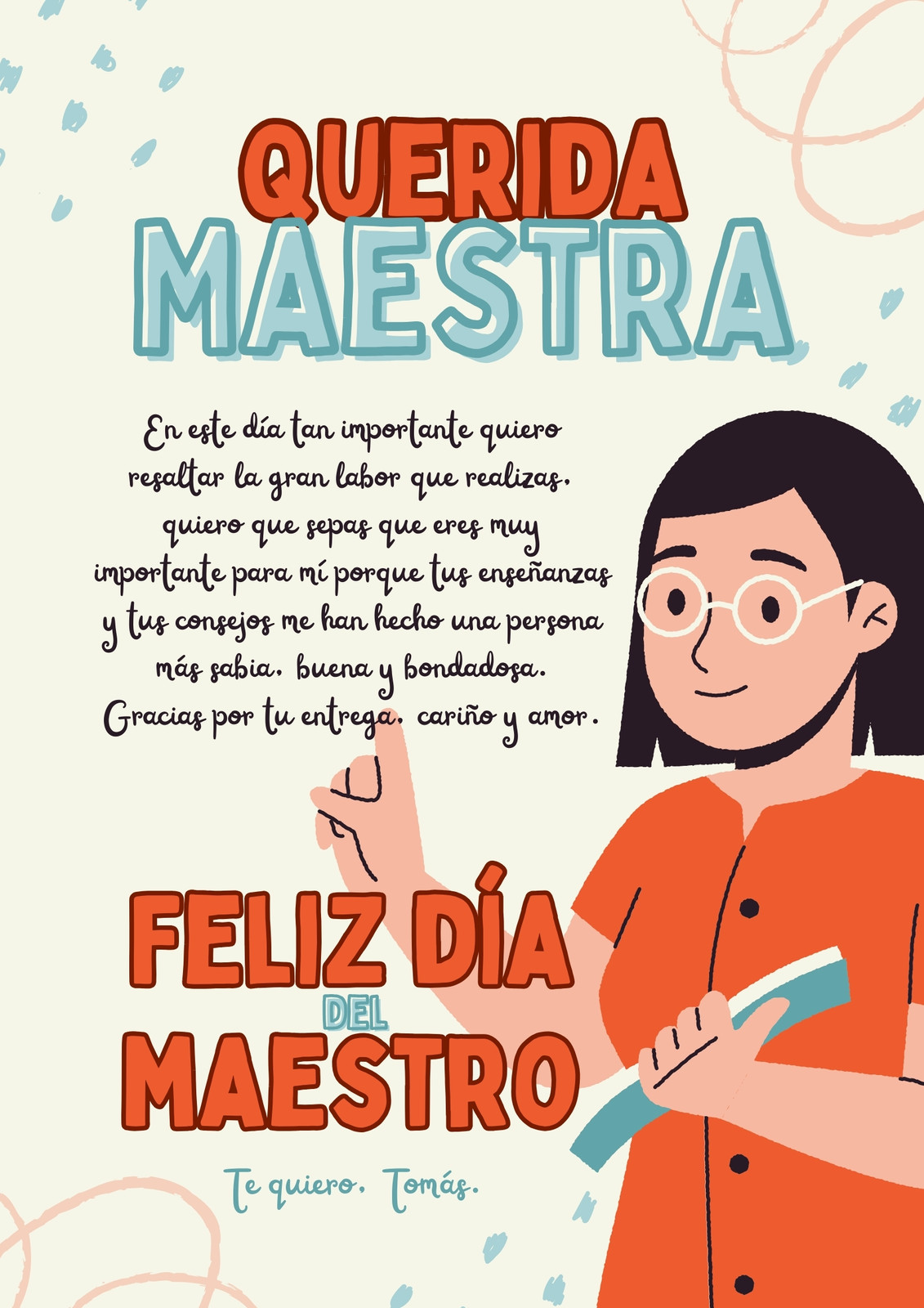 Carta Feliz día del maestro ilustrado naranja y azul