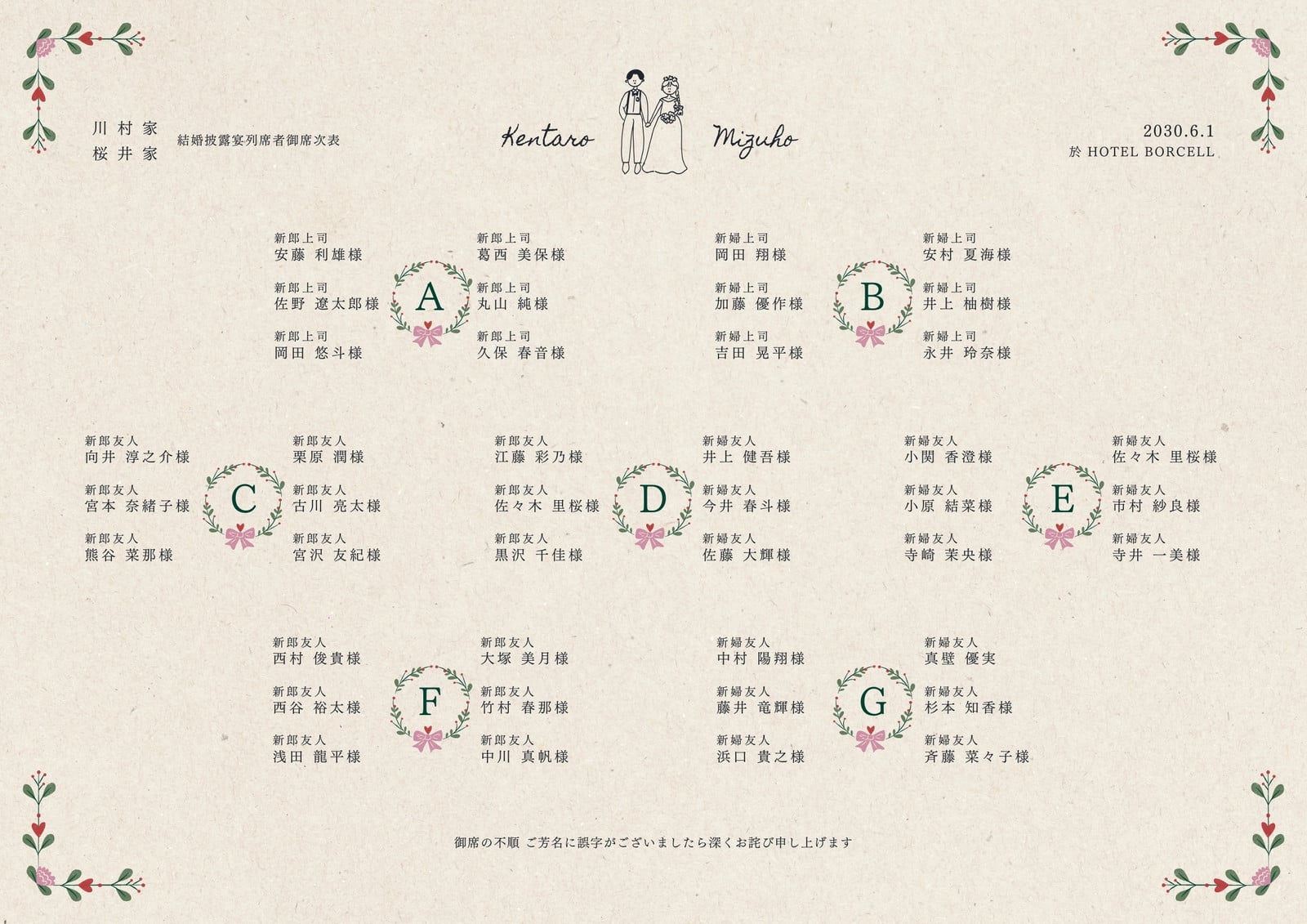 ウェディング　席次表 結婚式席次表テンプレートでおしゃれなウェディングの座席表デザインを