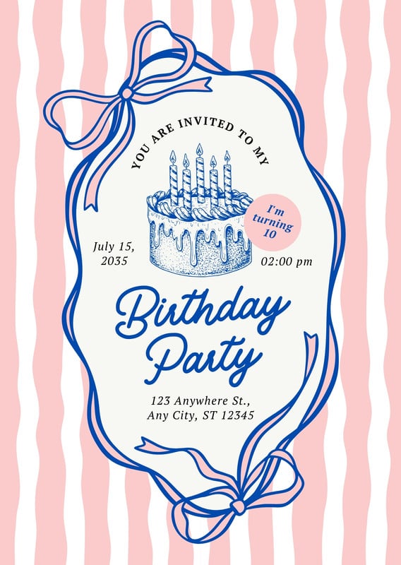 Playful Illustrated Birthday Invitation Canva template, pink and blue