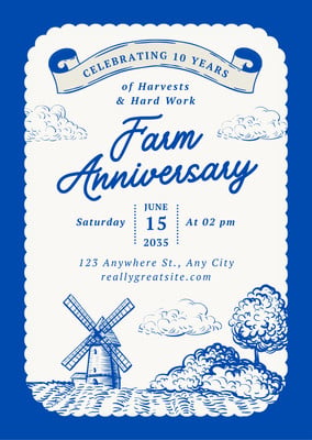 Traditional Vintage Farm Anniversary Invitation Canva template, blue and white