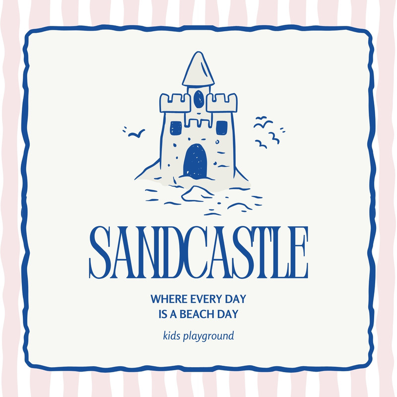 Illustrated Sandcastle Kids Playground Cute Logo Canva template, blue and pink