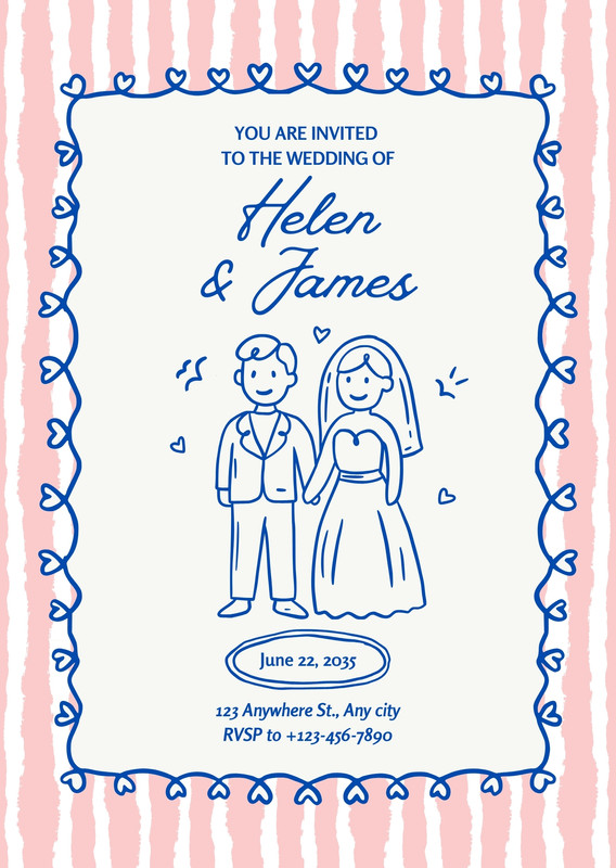 Illustrated Coquette Cute Wedding Invitation Canva template, pink and blue