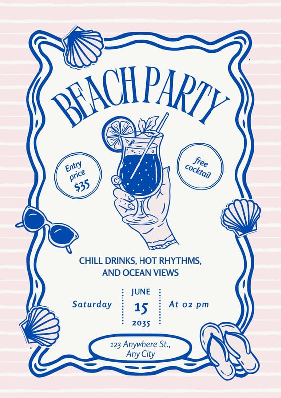 Illustrated Coquette Beach Party Flyer Canva template, blue and pink