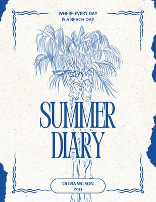 Illustrated Vintage Palm Tree Personal Summer Diary Canva template, blue and white