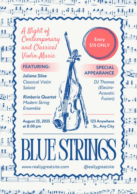 Vintage Retro Classical Violin Music Concert Poster Canva template, blue and red