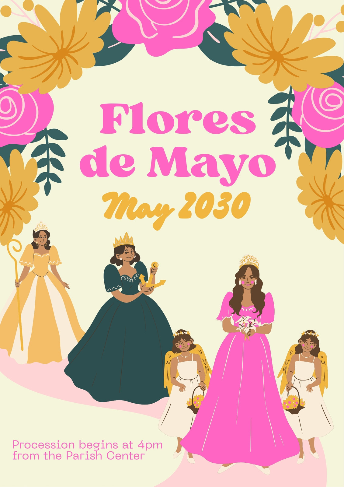Pink Yellow and Dark Green Illustrative Floral Filipino Flores de Mayo Philippines Festival Poster