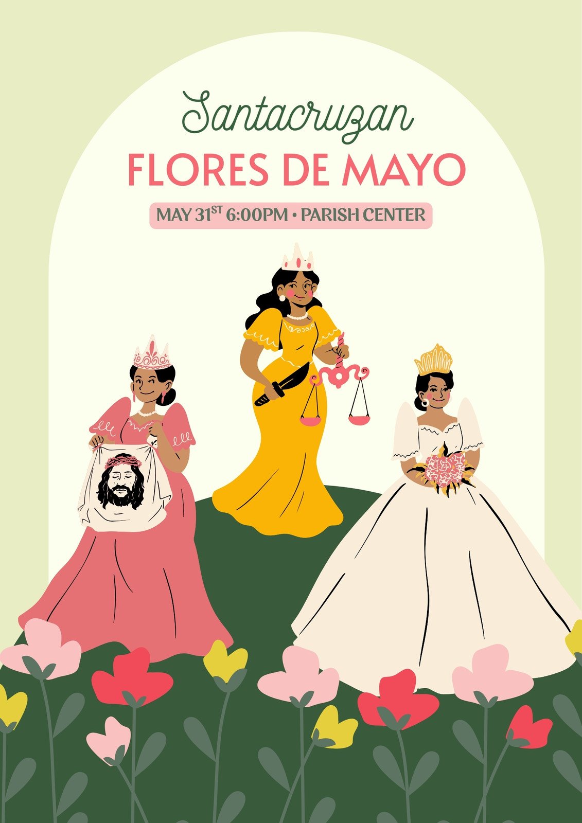 Green Yellow and Pink Illustrated Filipino Festival Flores de Mayo Santacruzan Philippines Poster