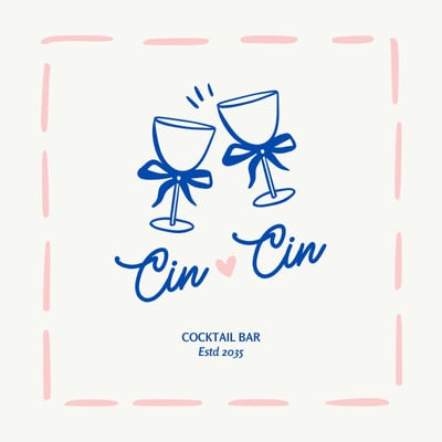 Cute Coquette Cocktail Bar Drink Logo Canva template, blue and pink