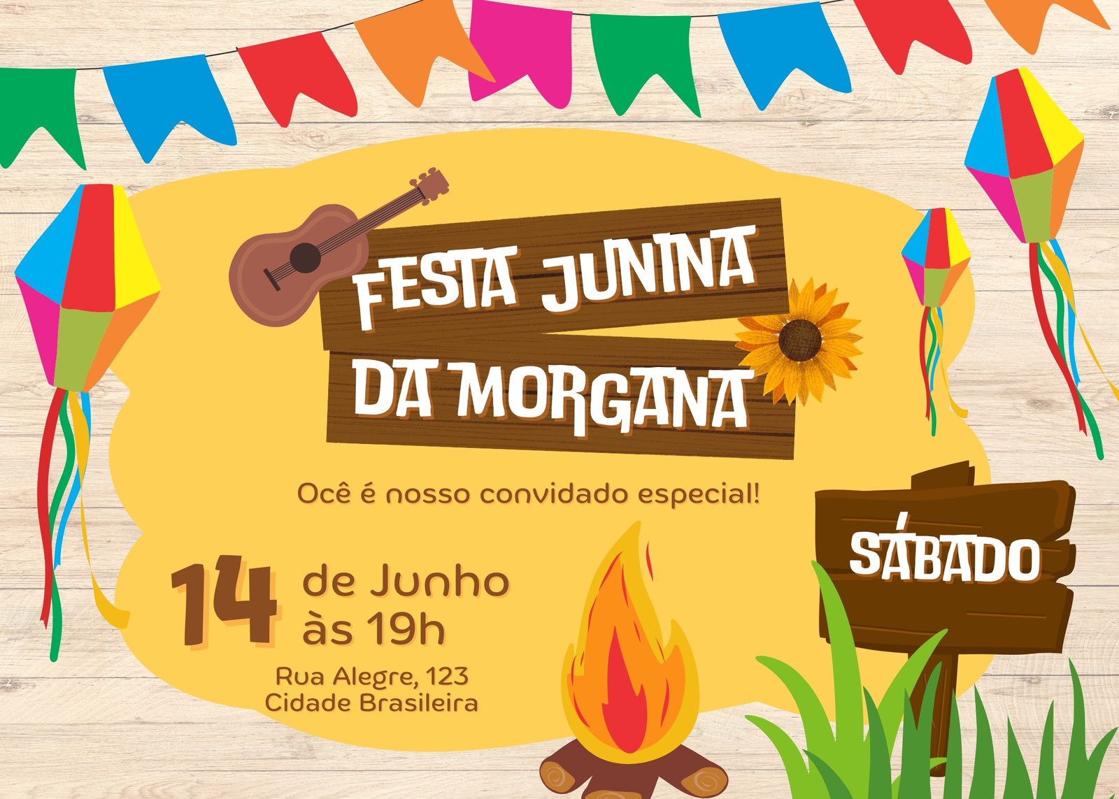 Amarelo Marrom e Multicolorido Festivo Festa Junina Convite Virtual (Paisagem)