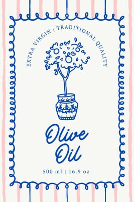Illustrated Olive Oil Food Label Rectangle Sticker (Portrait) Sticker Canva template, blue and pink