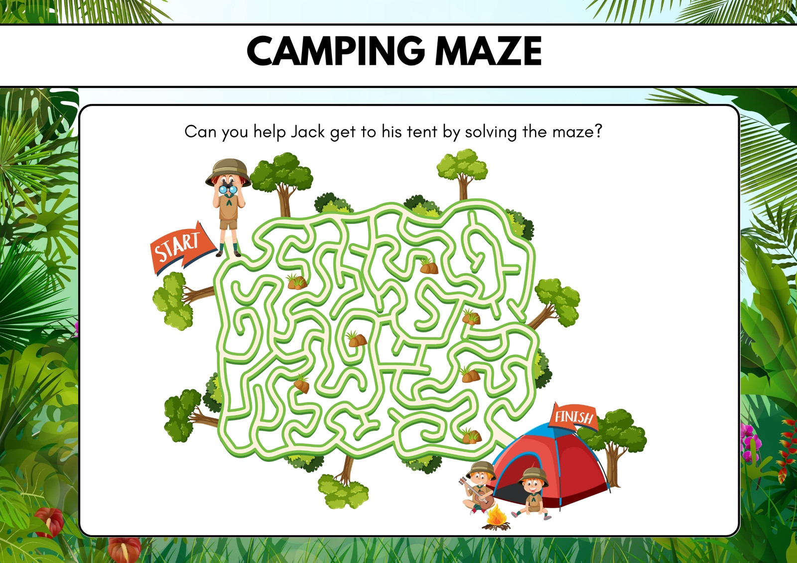 Maze Game Worksheet in Camping theme in Colorful Simple Style