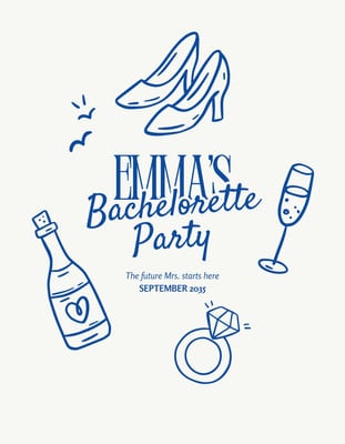 Doodle Illustrated Wedding Bachelorette Party T-Shirt Canva template, blue