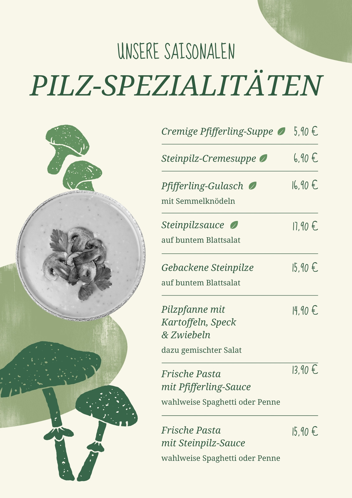 Speisekarte für Pilzsaison in modernem Stil in Beige Grün Grau Speisekarte für Pilzsaison in modernem Stil in Beige Grün Grau