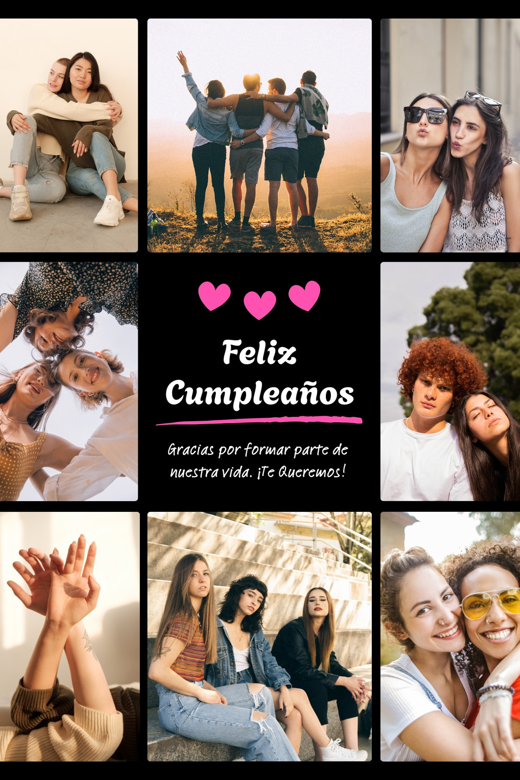 Collage de fotos Vertical Feliz Cumpleaños Amigos Sencillo Negro y Rosa