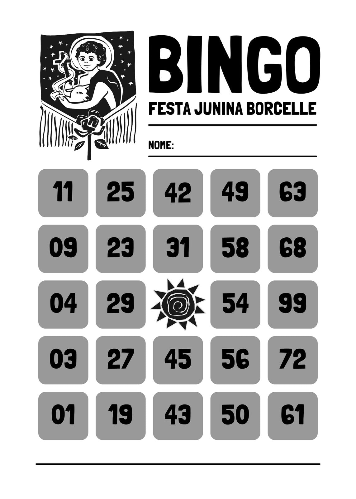 Cartela de bingo - Xilogravura, preta, branca e simples