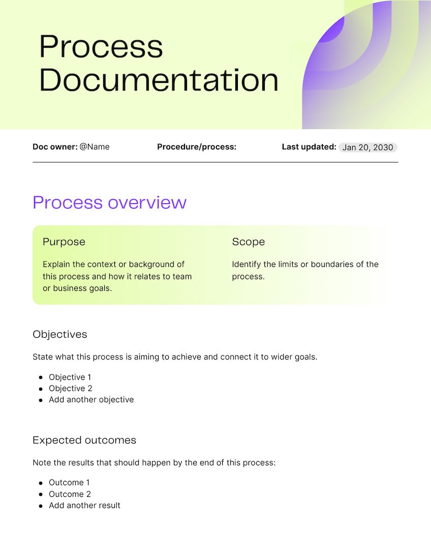 Process Documentation Doc in Purple Light Green Black and White Pop & Simple Style