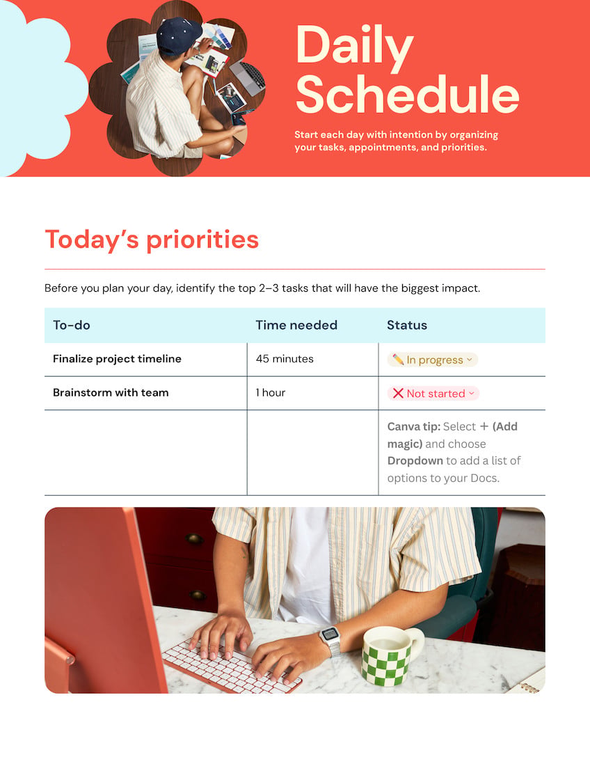 Daily Schedule Doc in Red Light Blue Cream Boldly Modern Style