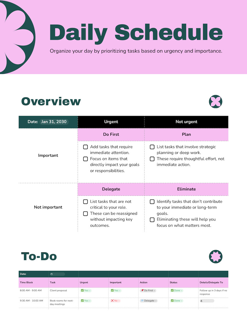 Daily Schedule Doc in Pink Dark Green Boldly Modern Style
