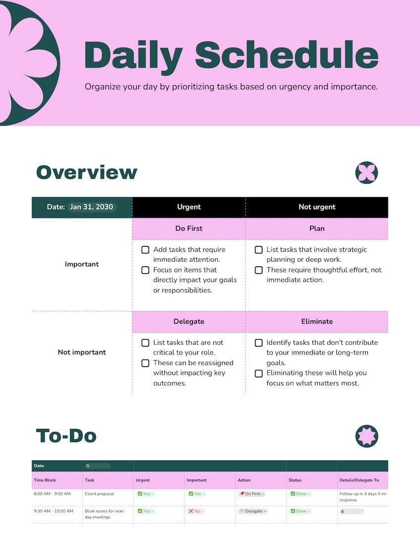 Daily Schedule Doc in Pink Dark Green Boldly Modern Style