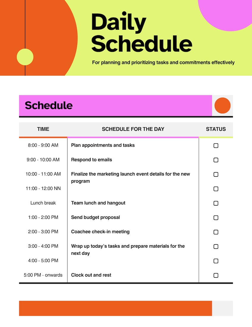 Daily Schedule Doc in Yellow Green Pink Orange Serious Bright Style