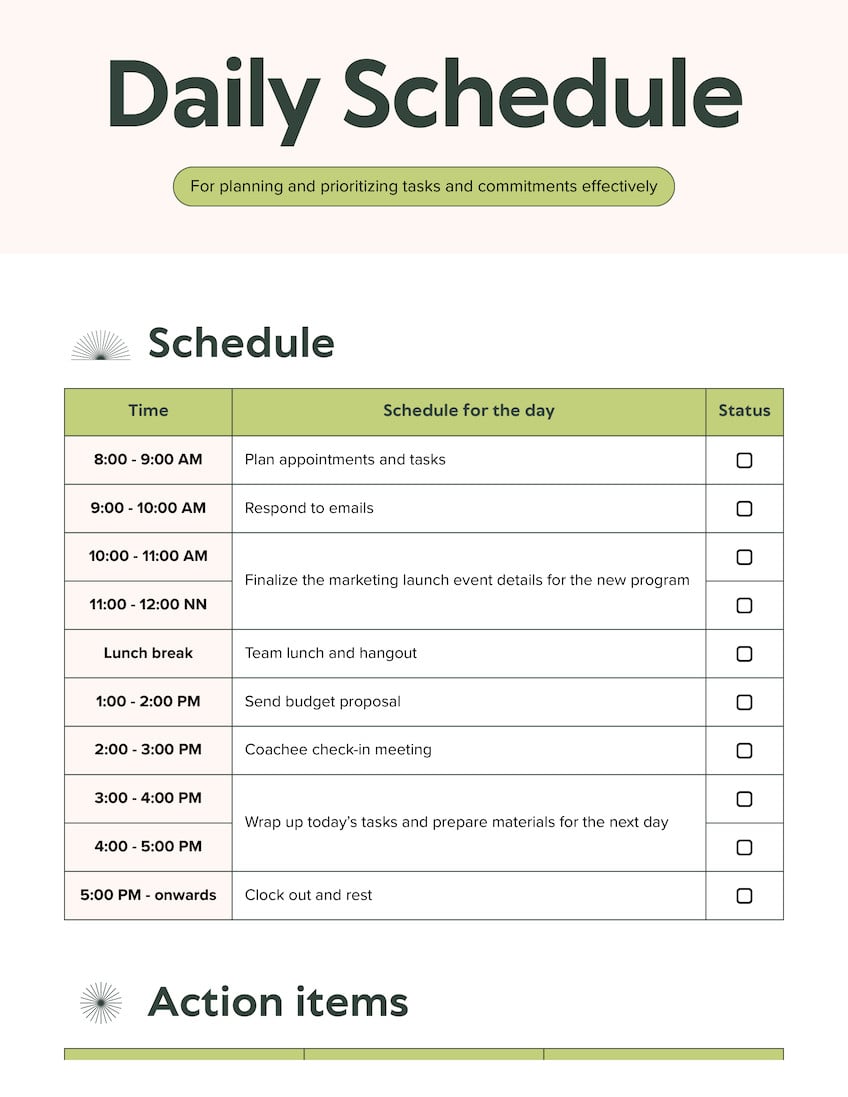 Daily Schedule Doc in Cream Green Dark Green Serious Business Style
