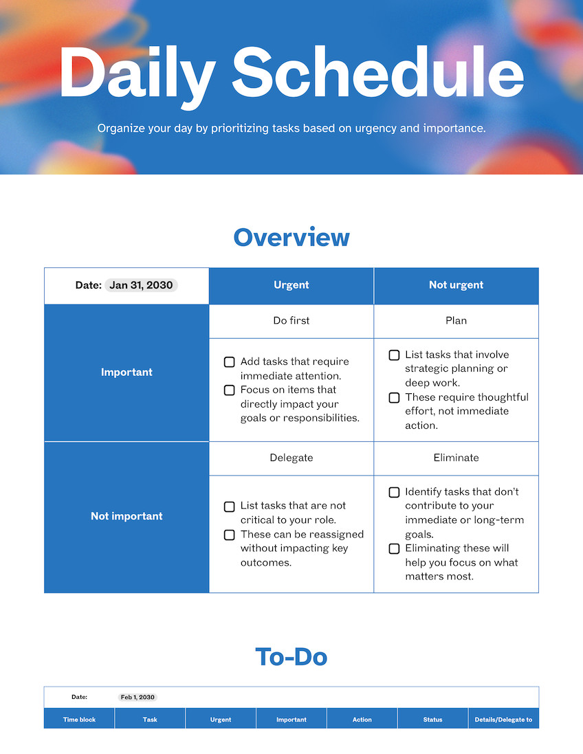 Daily Schedule Doc in Blue Orange Pop & Simple Style